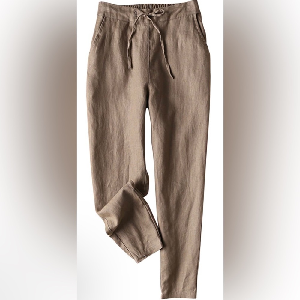 IXIMO Womens Tapered Pants 100%Linen Drawstring Back Elastic Waist Ankle Length